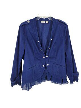 Chico's Navy Blue Velvet Military Jacket 2 w/Button Accents & Ruffle Hem L/12